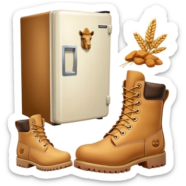 A white refrigerator with a camel head on top, and four Timberland-style wheat colored work boots attached to the bottom corners sticker
