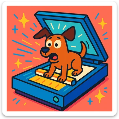 scanner in action with light bar moving under the dog, animated lines and sparkles, dog looking surprised, playful and colorful style sticker