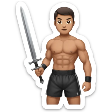 a man holding sword wearing only boxer sticker