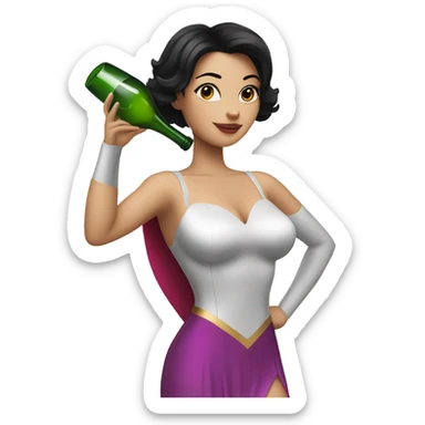 White working girl in a superwoman costume with black hair holding a champagne bottle sticker