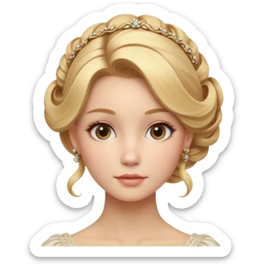Cinematic Realistic Rococo Portrait, depicted with lifelike skin texture, subtle rosy undertones, and soft natural lighting that enhances the gentle contours of her face. Her intricately detailed golden blonde hair is elegantly styled in an updo, with delicate wisps framing her face.  sticker