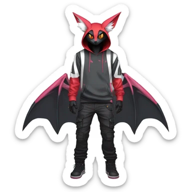 Dark Unique Anthro Cool Kawaii Horned Bat-Winged Zangoose-Litten-Pokémon with edgy stripes Punk Techwear Hoodie Cargo Collar sticker