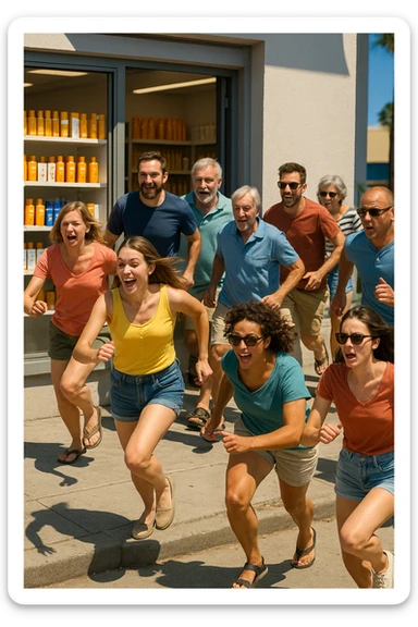 tante persone che corrono a comprare le creme solari in italiano realistiche sticker
