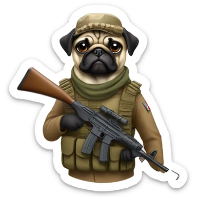 A pug in a war outfit with a AK-47 sticker
