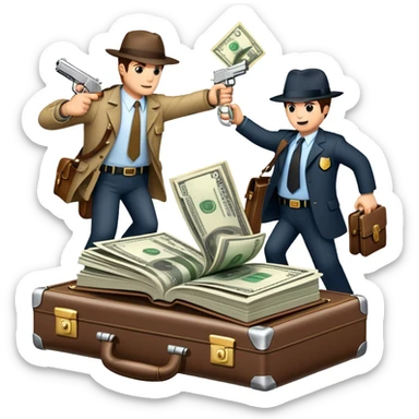 Icon for Action & Crime Reading: an open book with action-packed scenes, featuring a gun, handcuffs, a detective's badge and a briefcase with money. The icon should capture the tension and excitement of crime and action stories. Transparent background. sticker