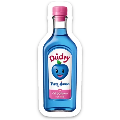 bottle of oil blue top pink outside with logo that says Diddy Party oil Johnson and Johnson  brand with a smiling berry on top sticker
