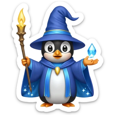 penguin wizard casting a spell with sparkles and a blue robe, emoji style sticker