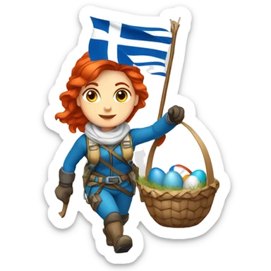 Greek Female winter mountaineer red hair white skin climbing with Greek Flag and Easter eggs basket sticker