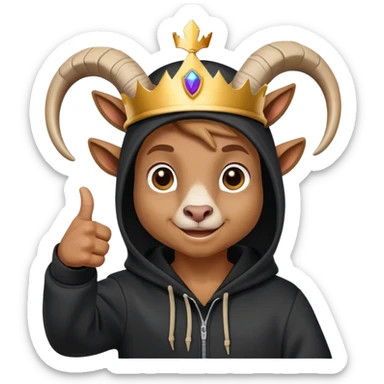 Goat with horns wearing black hoodie and a royal crown thumbsup sticker