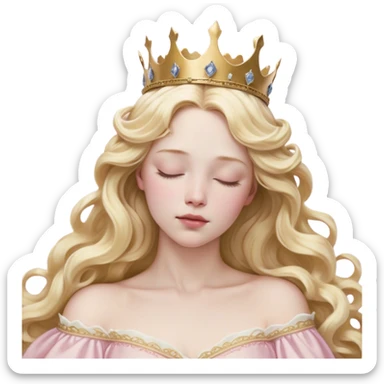 Cinematic Realistic Sleeping Beauty (Aurora) Portrait, with porcelain-like skin featuring a natural rosy flush, illuminated by soft lighting that highlights the gentle contours of her face. Her golden blonde hair flows in soft, detailed waves with subtle highlights that shimmer in the light. Her deep violet-blue eyes radiate warmth and innocence, framed by arched brows and long lashes. With a soft, serene smile, she holds a delicate rose gently in one hand, her other hand resting lightly by her side. She is dressed in her classic pink gown, the fabric rich in texture with delicate folds that catch the light. A golden crown rests atop her head, gleaming with royal refinement. The portrait captures a soft, glowing aura, blending realism with an ethereal sense of beauty and timeless enchantment. sticker