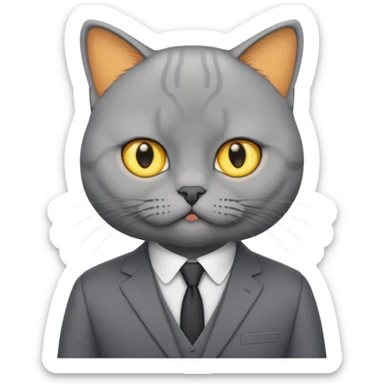 British Shorthair with yellow eyes wears gray suit attends a press conference. sticker