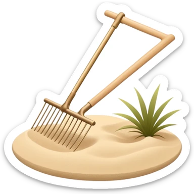 Minimalist emoji of a Japanese zen garden rake, elegant thin lines, light wood tone, sand-beige palette, flat vector style, calm and balanced aesthetic, inspired by zen tranquility, transparent background, premium minimal design sticker