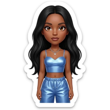 Solange with brown eyes, long black hair, periwinkle metallic sweetheart crop top, periwinkle metallic baggy pants, silver necklace sticker
