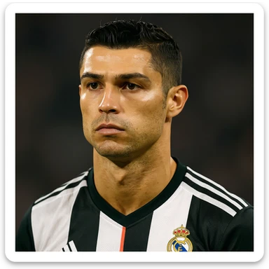 Realistic portrait style of Cristiano Ronaldo wearing a Real Madrid jersey, detailed and lifelike professional photography style. sticker
