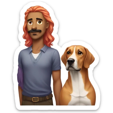 white male with long rainbow colored hair and curled mustache standing alongside a brown rhodesian ridgeback dog sticker