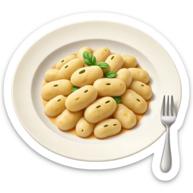 Gnocchi Cinematic Realistic Gnocchi Dish Emoji, depicted as tender oblong potato gnocchi garnished with iconic fork marks on top, rendered with soft textures and warm, inviting lighting. sticker