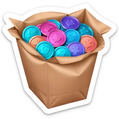 coins in gradient of turquoise, blue, pink, purple, and coral color inside a brown bag sticker