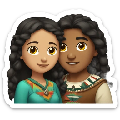 Native Americans girl with brown hair and Mexican boy with black curl hair cuddling sticker