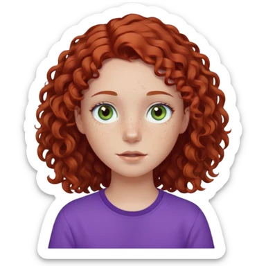 pale white teen girl with light blueish green eyes and freckles with brownish red curly middle part hair and purple shirt sticker