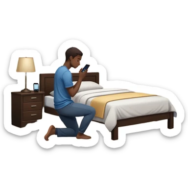 A Gen Z young person kneeling beside bed in bedroom at night praying, smartphone on nightstand, wearing casual clothes, dim lighting, posters on wall sticker