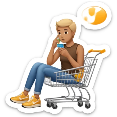 Emoji-style illustration of a person holding a credit card, hand on chin thinking. A thought bubble above the head showing clothes, sneakers, and a shopping cart, representing deciding whether to spend money. Clean, modern emoji style, bright colors, white or transparent background. sticker