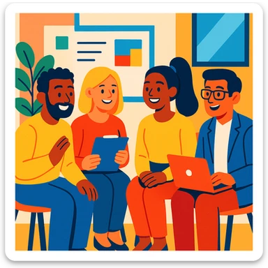 a friendly work team during a circle briefing, smiling, collaborative, modern office, diverse group, vibrant colors sticker