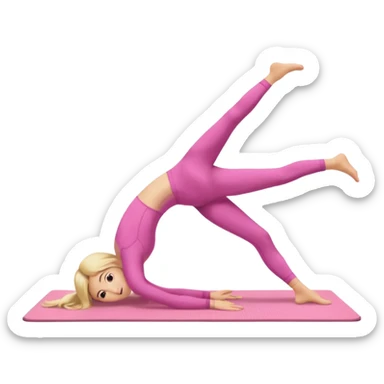 A fair-haired girl in a pink suit does a back bridge on a mat. two legs and a bridge to the other side.the feet are on the mat, the back is arched inward and the hands are stretched towards the legs sticker