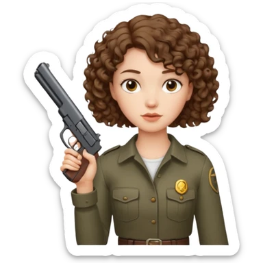 White woman with short curly brown hair holding a gun  sticker