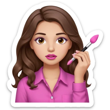 girl with long wavy brown hair, brown eyes, light to medium complexion, in a pink shirt, pink lips, long lashes, puckered lips, putting on makeup sticker