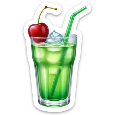Create an emoji with a very clear rounded glass and ice, bright transparent green soda , a smooth vanilla scoop circle shape, a glossy red cherry, using vibrant colors, soft shading, and clear glass highlights.
 sticker