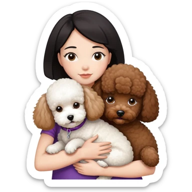 Woman with short black straight hair hugging a brown poodle and a white bichon frise sticker