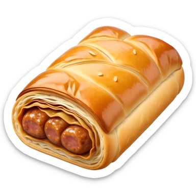 cinematic-realistic-sausage-roll-dish-emoji,-depicted-with-a-crisp,-golden-pastry-wrapped-around-flavorful-sausage,-rendered-with-detailed-textures-sitting ona.     plastic wrapper unrapped  sticker