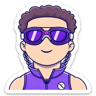 close-up of cool guy male athlete with white skin and moderately curly dark brown hair on top with shaved sides, wearing ski goggles with purple frames and very dark black lenses, winking behind the goggles, with an open mouth confident smile like a cool guy, a simple plain black chain necklace, and a completely unzipped sleeveless vest with purple and black sequin fire pattern design with no logo sticker