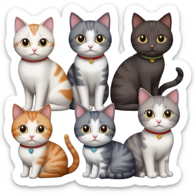 4 different coloured short haired cats including; a dark brown and white cat, and a dark grey and white  sticker