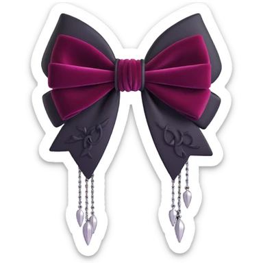 3D emoji gothic bow, black velvet texture, silver chain fringe, dark ruby center, ornate and dramatic sticker