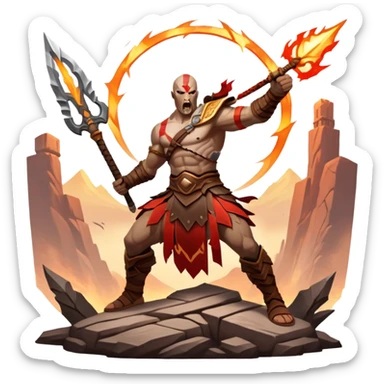An icon showing a powerful warrior wielding a weapon, ready for battle, inspired by God of War: Ragnarok. The design features a fiery, war-torn landscape with broken statues and lightning in the sky, symbolizing epic combat. Transparent background highlights the action. sticker