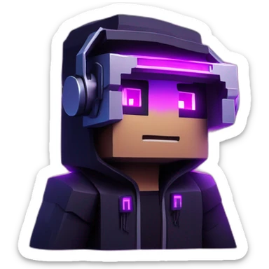 Minecraft steve wearing a black hoodie with "OMG" letters on it and VR headset in a cyberpunk VR environment with violet neon lighting. sticker