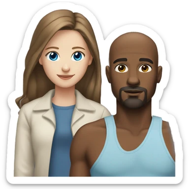 teenage girl long brown hair blue eyes with bald black man with brown eyes and a goatee sticker