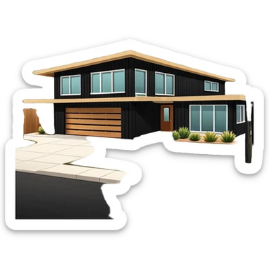 midcentury modern house with 1000 sqft and all windows and a sliding windows on corner. Single story. High ceilings, black and vertical wood slats for outside walls of home. Wood deck with complementary but different wood and shade from larger wood slats. With overhanging shade and slats. sticker
