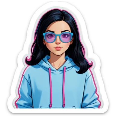 a white girlwith black hairdown with pink transparent glasses wearing a light blue hoodie sticker