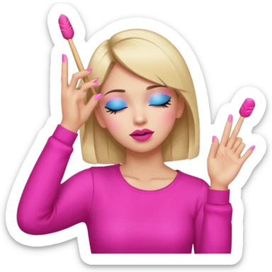 Yellow circle emoji sighing and drumming fingers up the side of their head the eye is closed it is a side profile pink lipstick and pink nails sticker