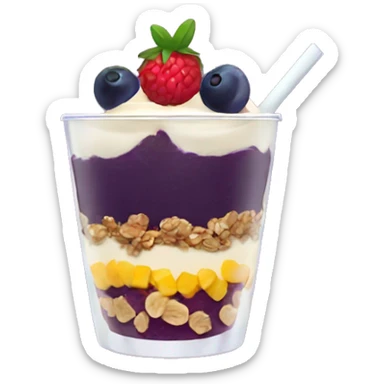 Açaí in a clear cup with layers of fruits and granola and condensed milk sticker