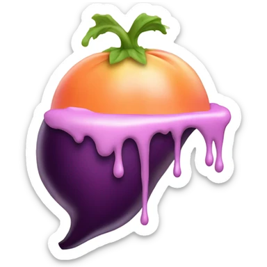 Eggplant dripping frosting, wedged in a peach sticker
