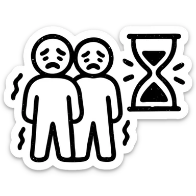 ultra-minimalist outlined icon of two figures, trembling clock or hourglass, extremely worn and eroded texture, anxious and stressed expressions, sense of terror sticker