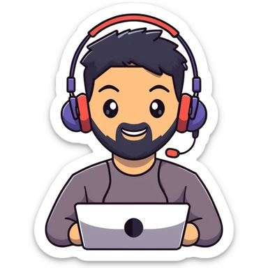 Animated happy man with black hair, brown eyes, black beard, gaming headset sticker