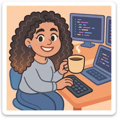 Replace the face in the illustration with the face from the uploaded photo, keeping the programmer scene, pastel tones, and relaxed creative vibe intact. Maintain the pastel toon style and the overall relaxed creative atmosphere of the scene. sticker