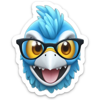Crazy funny Articuno head with human white teeth and beautiful smile wearing glasses and hat sticker