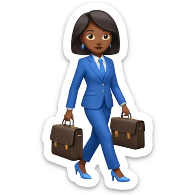 black woman in a blue smart suit and shoes, walking, briefcase in hand, emoji style sticker