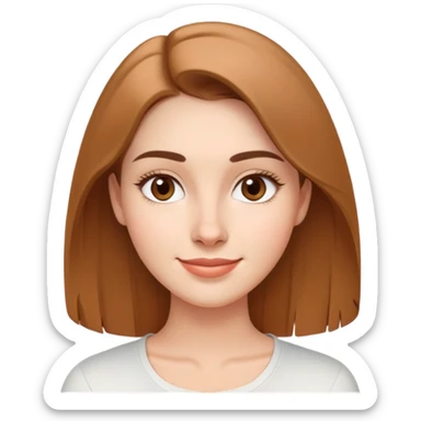 Young woman in her 20s with oval face, soft features, friendly bright smile, large light brown eyes, defined eyebrows, straight nose, medium lips, long straight light brown hair, wearing a white top sticker