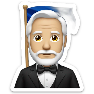 man with brown eyes, white hair and beard, dressed in black tuxedo carrying an armenian flag sticker